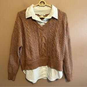 Cable Knit V-Neck Sweater - Brown